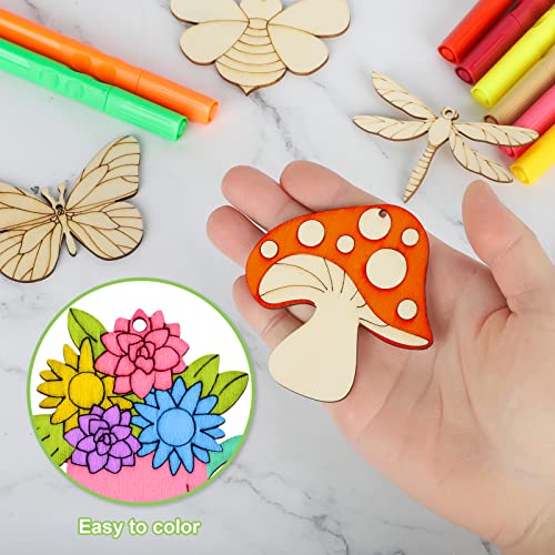 80PCS Wooden Spring Ornaments to Paint, 8 Styles DIY Blank Unfinished Wood Cutouts Ornament for Home Crafts Hanging Decorations, Insect Dragonfly Butterfly Snail Watering Can Mushroom Flower Shape - color: white