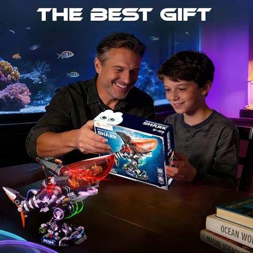 Punk Style Shark Building Set with Light, 1076-PCS Articulated Mechanical Jaws Fish Model with Display Stand, Ocean Predator Kit for Kids 8+ and Adults, Birthday for Marine & Mech Fans - color: Black