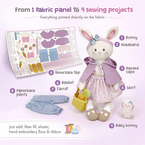 kullaloo - Cut & Sew Fabric Panel for Intermediate Skills - with Video Instructions - Doll Sewing Panel Doll with Clothes: Dress Me Bestie Bibby Bunny - color: Dress Me Bestie Bibby Bunny