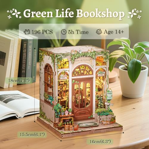 CUTEBEE Book Nook Kit - DIY Miniature House Dollhouse Kit for Adults and Teens, Booknook Tiny House Bookshelf 3D Wooden Puzzle, Gifts for Family (Green Life Bookshop) - color: Colorful