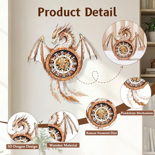 Kosmickiss 3D Puzzles for Adults, Wooden Dragon Clock Model Kits - color: Dragon