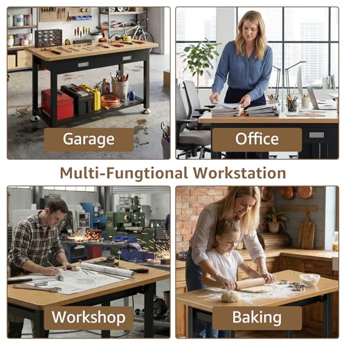 47.2" Heavy Duty Work Bench with Drawer and Storage for Garage, Small Wood Top and Metal Work Table for Crafts, 3D Printer Reloading Bench, Tool Chest Workbenches Crafting Table Working Station