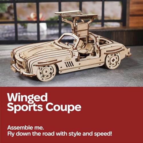 UGEARS Winged Sports Coupe Model Car Kit - 3D Wooden Puzzle for Adults – Model Kit for Adults to Build - DIY Wooden Car with Authentic Gull-Wing Design, 3D Puzzle