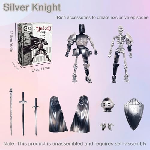T13 Skeleton Knight Model Kit DIY Medieval Fantasy Action Figure with Interchangeable Armor, Sword and Shield,Posable Assembly Figure for Adults and Collectors (Assembly Required) (Silver) - color: Silver