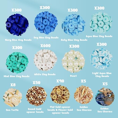 Gionlion Clay Beads for Bracelets, Blue Winter Clay Beads Bracelet Making kit with Golden Pearl Beads for Jewelry Making, Charms Bracelet Kit and Crafts DIY Gifts for Women - color: Azure Dream