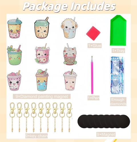 Bulerrylulu 9 Pcs Milk Tea Diamond Painting Magnets Kits Fridge Magnet Stickers Diamond Art Painting Keychains Gem Painting kit for Beginners Adults DIY Art Craft Gifts Home Decors - color: Milk Tea