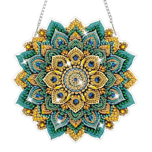 AIRDEA Hanging Diamond Painting Kits Mandala,Special Shaped Diamond Art Kits Geometric Flower Gem Art Pendant Decor,7.76x7.76in - color: green golden blue