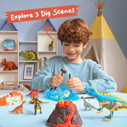 JOVA Klever Kits 3-in-1 Dinosaur Fossil Digging Kit STEM Learning Toys with Glow in The Dark Dinosaurs and Sensory Play Sand, DIY Your Own Dinosaur with 5 Color Clay, Gift for Kids Aged 6+