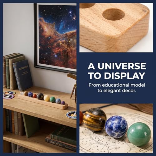 ZENFUN Nine Planets in Solar System with Wooden Stand, Natural Gemstones Sphere Solar System Model Kit, Planet Marbles, Desktop Display & Collection Model, Ideal for Astronomy Enthusiasts