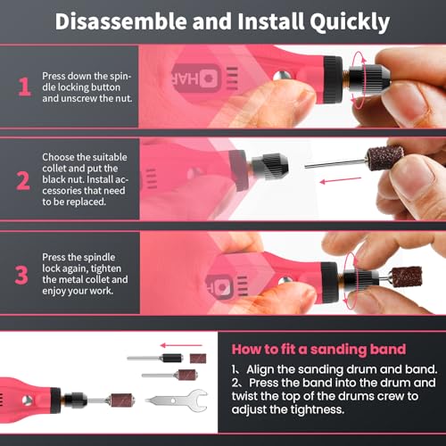 HARDELL Mini Cordless Rotary Tool Kit 129Pcs, Multi-Purpose DIY Craft Tool - color: Pink Pro