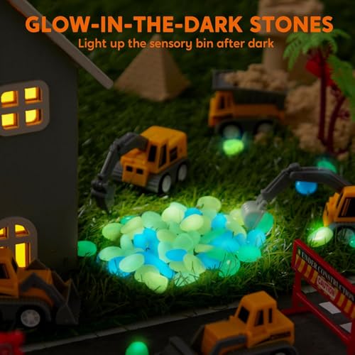 JOVA Klever Kits Construction Sensory Bin for Kids with Glow in The Dark Stones, Sandbox with Lid Castle Building kit, Preschool Learning Activities Gifts for Boys Girls Age 3+ - style: Construction