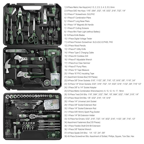 Prostormer Home Tool Kit with 8V Cordless Drill Driver, Green - color: Green