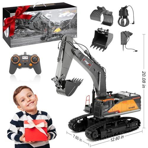 kolegend 1:14 RC Excavator 25 Channel 4 in 1 Construction Toys,Remote Control Vehicles Tractor Sandbox Toys Digger,with Metal Bucket,Drill Bit,Gripper & Wood Gripper RC Truck - color: Black