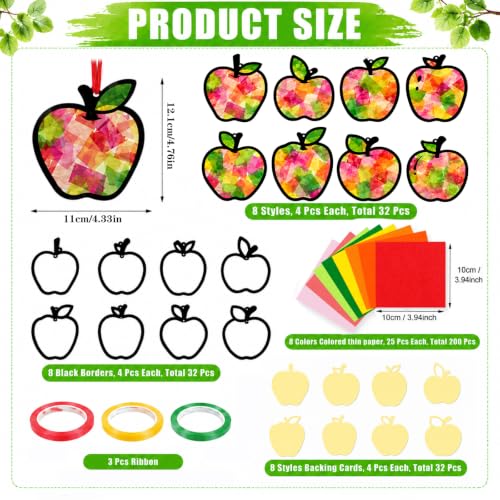 32 Sets Back to School Apple Suncatchers Craft Kit DIY Autumn Window Stained Glass Effect Colorful Apples Paper Crafts First Day of Classroom Activities Home School Window Decor Activity Gift Favor