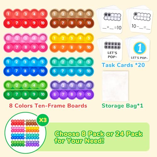 JoyCat 8 Ten Frame Math Manipulatives with 20 Task Cards, Ages 3-5