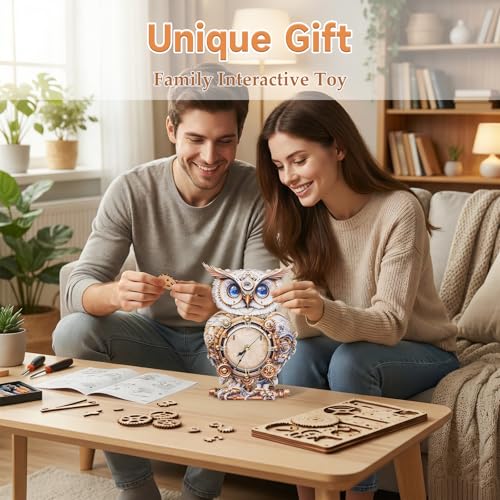 3D Puzzles for Adults - Owl Clock Kit, DIY Wooden Puzzle Crafts - color: Mechanical Owl