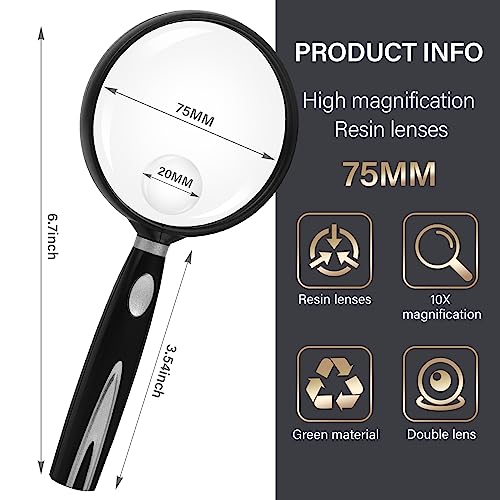 Feosky Handheld Reading Magnifier, 10X Magnifier, 75mm Shatterproof Lens, Non-Slip Handle for Adults Close Work, Seniors Reading and Nature Exploration, Hobby Observation(Silver) - color: Silver, size: 75mm