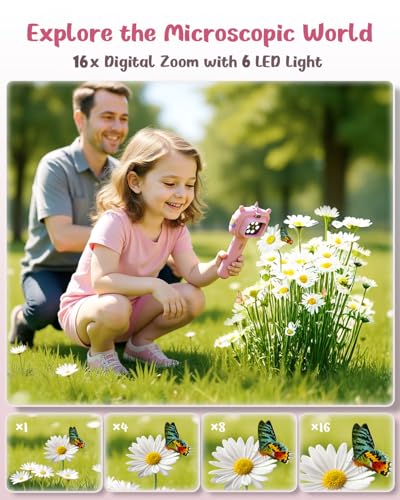 Microscope Camera for Kids Gifts Toys- Handheld Pocket Microscope Autofocus - color: Pink