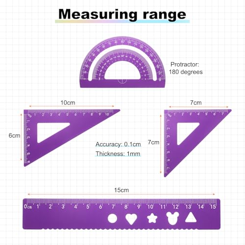 HARFINGTON 4pcs Triangular Ruler Set 15mm Aluminum Geometric Protractor Triangle Engineering Scale Drafting Ruler Kit for Office Home, Purple - color: Purple, size: 15mm
