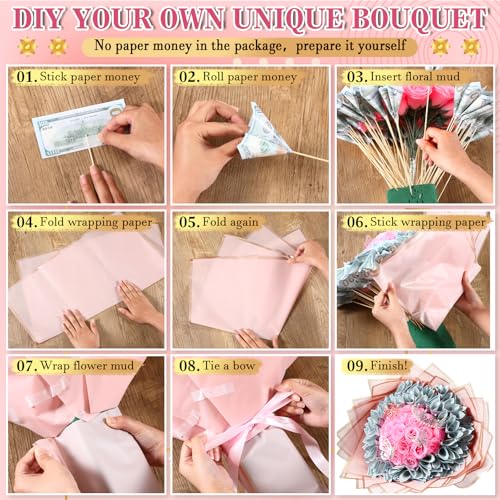 XunYee Bouquet Kit 20 Sheet Flower Wrapping Paper 100 Pcs Bamboo Skewers Floral Foam Blocks for Anniversary Birthday Gift Graduation Mother's Day(Pink) - color: Pink