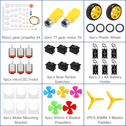 6 Sets DC Motors Kit Mini Electric Hobby Motor 3V-12V 25000RPM with 60PCS Plastic Gears, TT Motor, 2AA Battery Holder, Boat Rocker Switch, Shaft Propeller, Plastic Wheels for DIY Science Projects