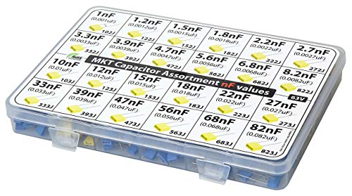 nF Values - MKT Polyester Box Capacitor Kit Assortment 350 pcs 24 Values 63V, All nF Values, 1nF, 1.2nF, 2.2nF, 2.7nF, 3.3nF, 4.7nF 10nF, 12nF, 15nF, 18nF, 27nF, 33nF, 39nF, 47nF, 56nF, 68nF, 82nF