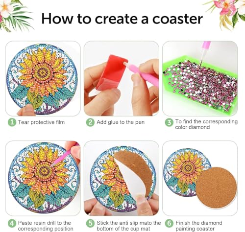 Meothan 8 Pcs Flowers Diamond Art Coasters Kit for Adults with Holder 4x4in - color: Flowers Coasters-D, size: 8 Pcs 4x4in