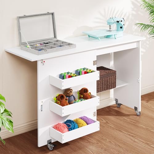VIVOHOME Folding Sewing Table for Sewing Machine, Sewing Desk with Storage - color: White