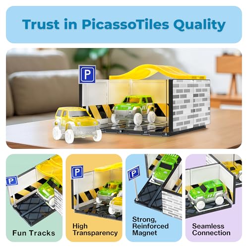 PicassoTiles Magnetic Tiles Race Car Track Kit Parking Garage Expansion Pack with 2 Cars Magnet Tile Building Blocks Educational Toy Learning Kit Pretend Play Construction Set Kids Child Ages 3+ PTR07 - color: 2 Cars With Garage Race Track