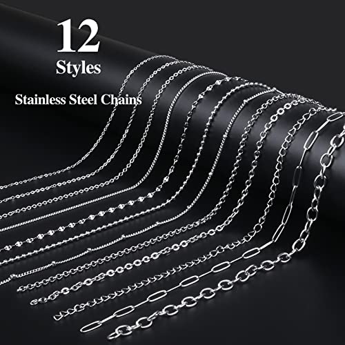 Necklace Chain for Jewelry Making, 95.1 Feet 12 Rolls Stainless Steel Jewelry Chains for DIY Necklace Bracelet Making with Stainless Steel Jump Rings/Lobster Clasps/Connectors - color: Silver, size: 12 Rolls