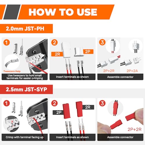 JST-PH 2.0mm & JST-SYP 2.5mm Connector Kit with AWG28–17 Ratcheting Crimping Tool, 21 Sizes Wire Terminal Set for Arduino, Raspberry Pi, RC, PCB, Battery Packs, Drone & DIY Electronics - size: JST-PH 2.0mm + SYP 2.5mm Kit