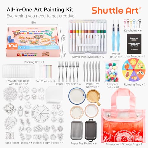 Shuttle Art 104 Pcs Magic Foam Texture Painting Kit Food Series: 34 Food Foam Pieces, Paper Plates, Forks & Knives, 12 Acrylic Paint Markers, Magical 3D Effect DIY Art Craft for Kids Ages 3-12 - color: Food Series - 104 Pcs
