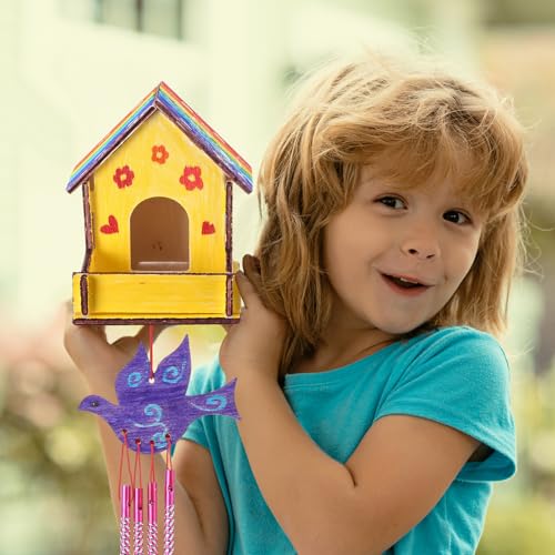 Feifeiya 24 Sets DIY Birdhouse Wind Chime Kit Build and Paint Birdhouses Wooden Arts 24 Unfinished Wooden Bird House 24 Wind Chime 38 Butterfly Sticker 24 Watercolor Arts for Activity(Classic) - style: Classic