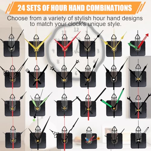 24 Pack Quartz Clock Movement Mechanism Kit, Silent Sweep Non-Ticking, 20mm Total Shaft (11mm Thread) Fits 3–6mm Dials, 24 Hand Styles, Hanging Hooks & Traceless Nails, DIY Wall Clock Repair - color: 24-pack