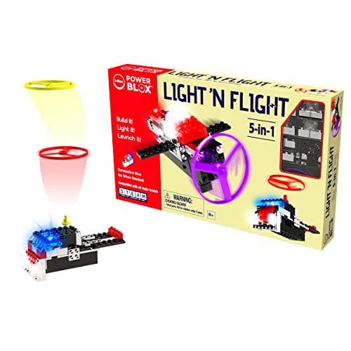 E-Blox Power Blox Light N' Flight 5-in-1 STEM Kit (58 Pieces), LED Light Up Building Blocks & Fan Launch Toy Set, Build 5 3D Structures, Great Science Project for Kids, Birthday Gift, Boys, Girls, 8+