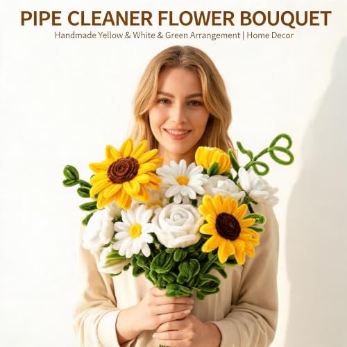 HHSarioneiro 550 Pcs Pipe Cleaner Flower Kit, Complete DIY Flower Bouquet Making Kit, 7 Beautiful Colors, 15 Flower Designs with Step-by-Step Video Tutorials, for Teen Girls and Craft Lovers - color: Yellow
