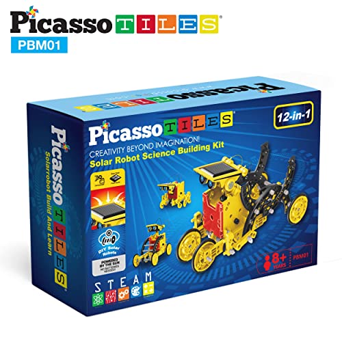 PicassoTiles 12-in-1 Solar Powered Transform Robot Set STEM Kids Educational Learning Engineering Building Toy Creative Unique Transformation Energy Science Experiment DIY Kit Boy Girl Age 8+ PBM01 - color: 12-in-1 Transformation