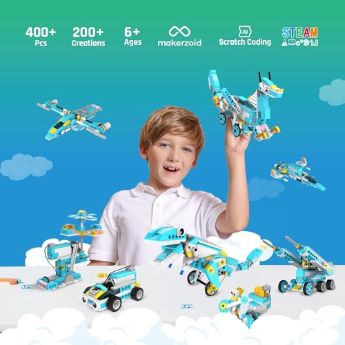 Makerzoid Coding Robot Kit for Kids, 200-in-1 RC Robot Building Toys with Motor Sensor,Scratch JR Coding Set with 36 Video Courses, Birthday for Kids 6+ (400+ Blocks)
