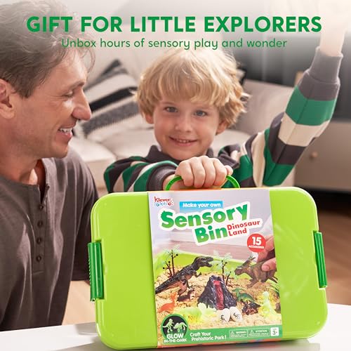 JOVA Klever Kits Dinosaurs Sensory Bin Toys for Kids with Glow in The Dark Dinosaurs, Sandbox with Lid Sand, Preschool Learning Activities Gifts for Boys Girls Age 3+ - style: Dinosaur
