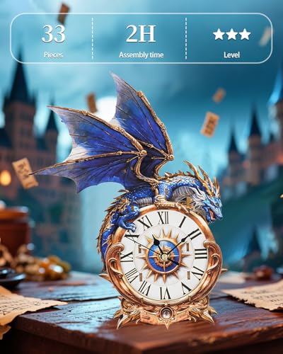 3D Puzzles for Adults, Blue Dragon Clock 3D DIY Model Kit Crafts