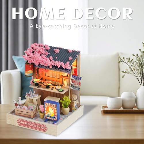 Kisoy Dollhouse Miniature with Furniture Kit, DIY 3D Wooden DIY House Kit with Dust Cover, Handmade Tiny House Toys for Teens Adults Gift (Sakura Noodles Shop) - color: Sakura Noodles Shop