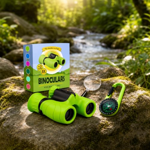 Binoculars for Kids – Perfect Toy for Little Boys and Girls – Extensive Set Incl. Magnifying Glass & Compass – Powerful Magnification 8X21 – 3 to 12 Year Old Kids for Toddler - color: Green