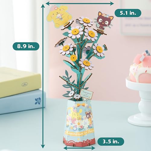 Hands Craft Hello Kitty and Friends Pompompurin & Chococat Chamomile – 3D Wooden Flower Puzzle Kit – Official Sanrio DIY Model Craft, Kawaii Flower Decor & Collectible Gift for Ages 8+ - color: Pompompurin & Chococat Chamomile