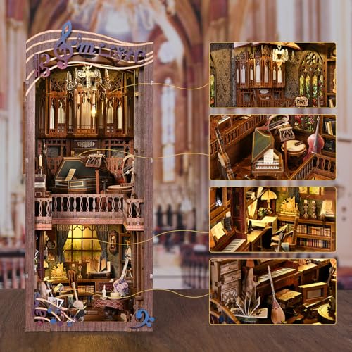 fifijoy Book Nooks, DIY Miniature Book Nook Kit Music, 3D Wooden Puzzle Bookends for Bookshelf Insert Decor with Led Light for Teens and Adults (Timeless Melody) - color: Timeless Melody