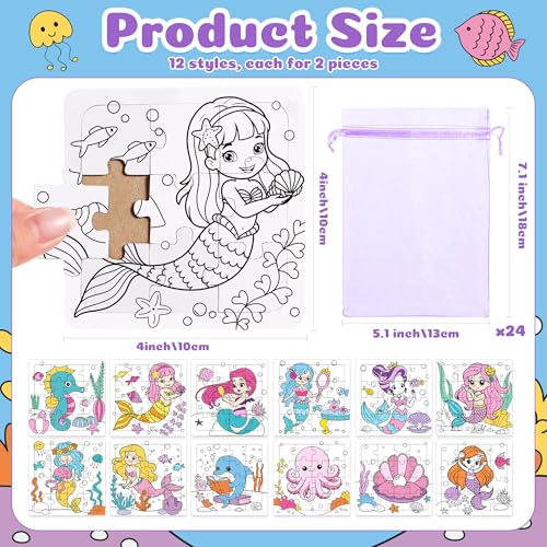 Blosssound 24 Pcs Coloring Puzzles 4 x 4 Inch Mermaid Crafts DIY Painting Gifts Under The Sea Paper Puzzle Make Your Own Jigsaw for Educational Toy Sea Birthday Gift Activities Supplies(Mermaid) - style: Mermaid