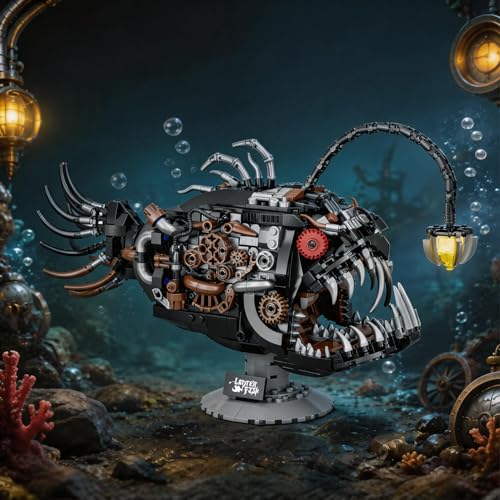 Mechanical Angler Fish Building Blocks Set – 1038PCS Steampunk Deep Sea Creature Model, Ocean Animal STEM Kit for Adults, 3D Collection Puzzle with LED Lantern & Movable Jaw