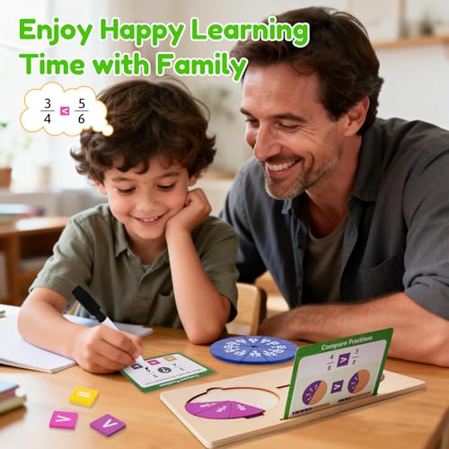 Fraction Manipulatives for Kids, Wooden Fraction Tiles, Fraction Circles & Fraction Bars, Montessori Math Manipulatives with 36 Activity Cards, Compare Fractions, Addition & Subtraction, Grade 1-4