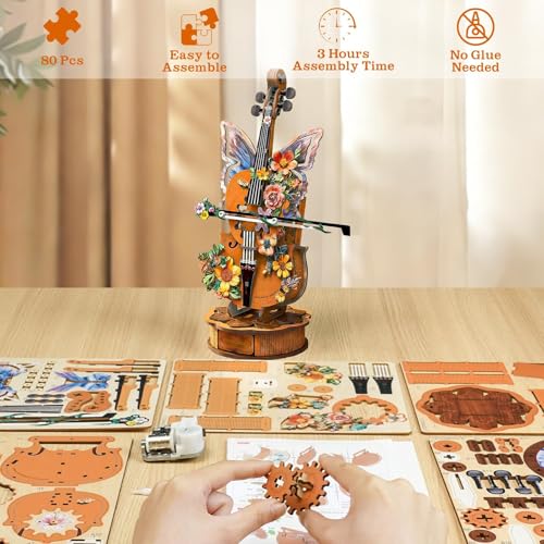 3D Wooden Puzzles for Adults, Holly Cello Music Box Model Kit - color: Flower Cello