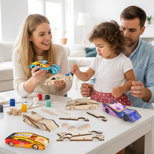3 Pcs Wooden Cars, Unfinished Wooden Cars to Paint Wood DIY Cars Arts and Crafts Kit for Students Home Activities Easy Woodworking and Family Time (Paints and Brushes not Included)