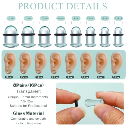 GEMQUEEN 24 Pcs 0.5mm Increments Glass Ear Stretching Kit Hypoallergenic - color: Clear, size: 7.5mm-12mm | 16pcs